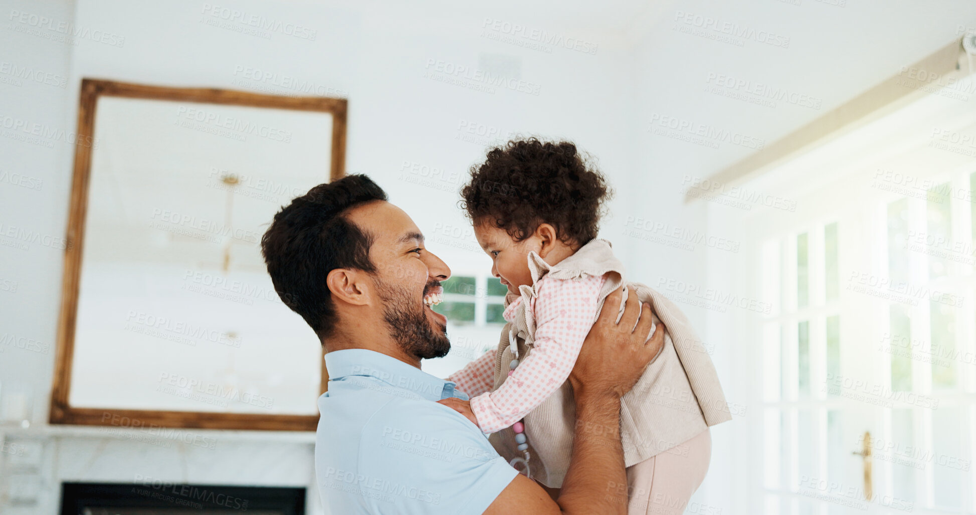 Buy stock photo Love, father and baby in house with bonding, parent security and fun together on weekend break. Childcare, dad or child in lounge with carry, happy moment or family connection in healthy relationship