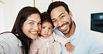 Selfie, happy and portrait of parents with baby in home for bonding, memory or social media post. Smile, love and girl toddler with mother and father for photography picture with family connection.