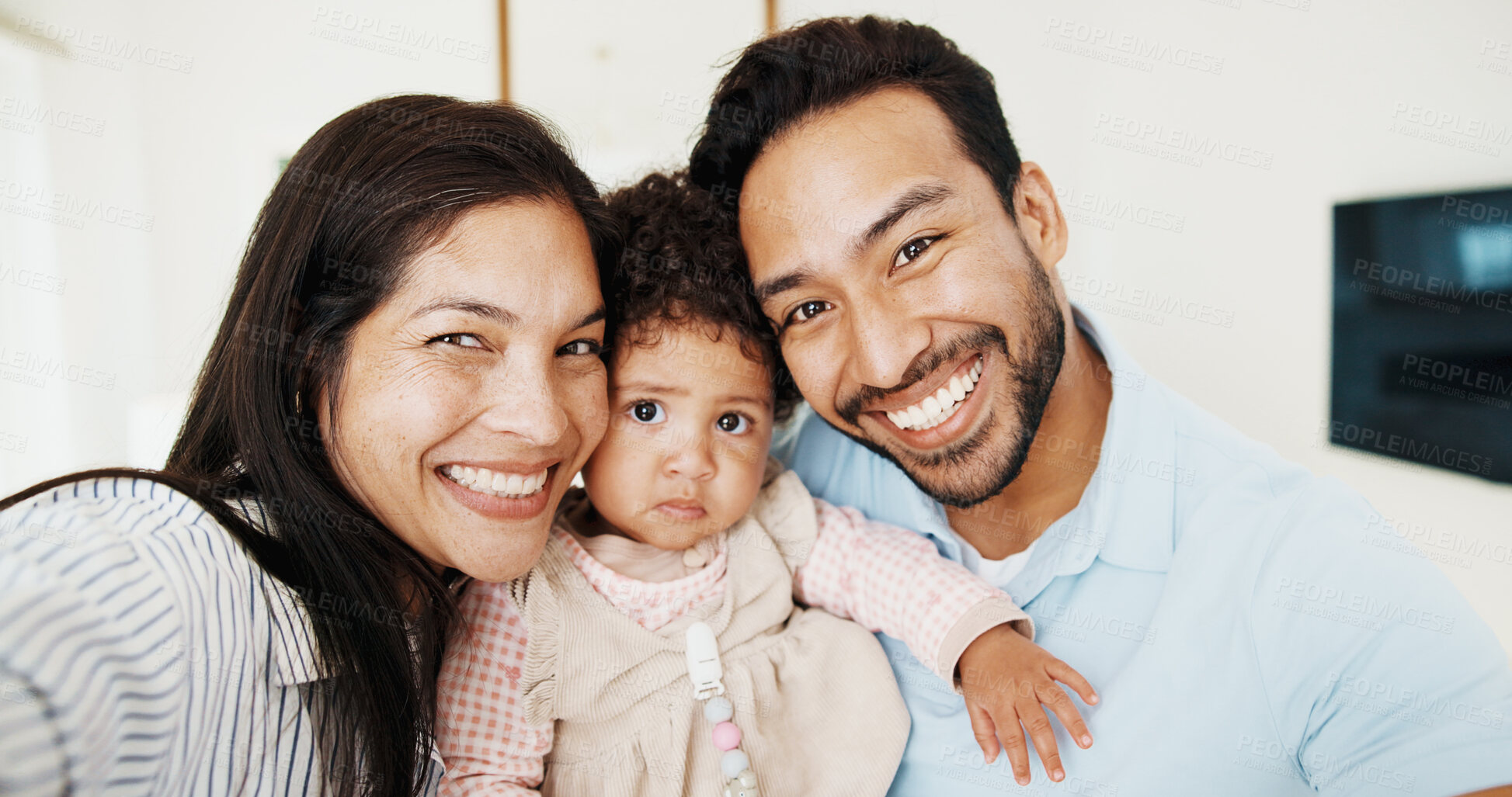 Buy stock photo Selfie, happy and portrait of parents with baby in home for bonding, memory or social media post. Smile, love and girl toddler with mother and father for photography picture with family connection.