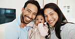 Selfie, happy and portrait of parents with baby in home for bonding, memory or social media post. Smile, love and girl toddler with mother and father for photography picture with family connection.