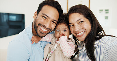 Buy stock photo Selfie, happy and portrait of parents with baby in home for bonding, memory or social media post. Smile, love and girl toddler with mother and father for photography pov with family connection.