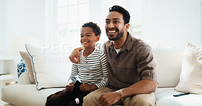 Buy stock photo Happy, hug and dad with child on sofa for bonding, watching tv and relax on weekend together. Family, home and father with boy on couch for relationship, streaming and entertainment with embrace