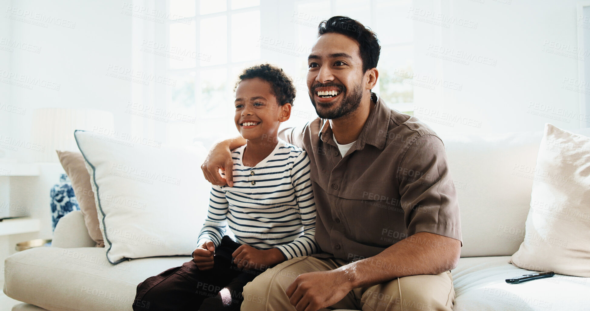 Buy stock photo Happy, hug and dad with child on sofa for bonding, watching tv and relax on weekend together. Family, home and father with boy on couch for relationship, streaming and entertainment with embrace