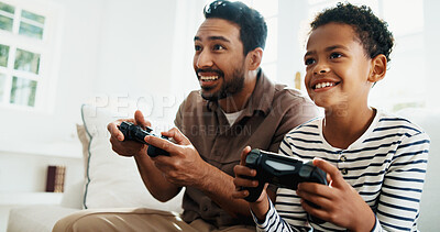 Buy stock photo Happy, sofa and dad with child for video games, online competition and bonding on weekend. Family, home and excited boy with father, controller and gaming for entertainment, fun and relax together