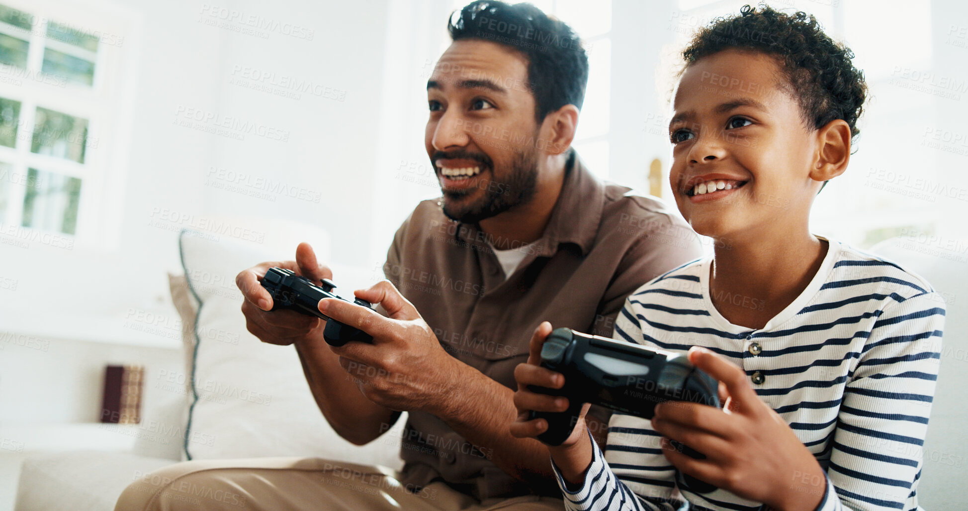 Buy stock photo Happy, sofa and dad with child for video games, online competition and bonding on weekend. Family, home and excited boy with father, controller and gaming for entertainment, fun and relax together