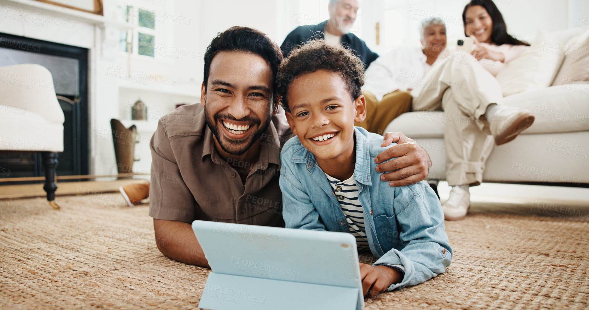 Buy stock photo Portrait, tablet and dad with child on floor for bonding, connection and online games on weekend. Family, happy and father with boy on tech for internet, streaming and videos for relationship in home