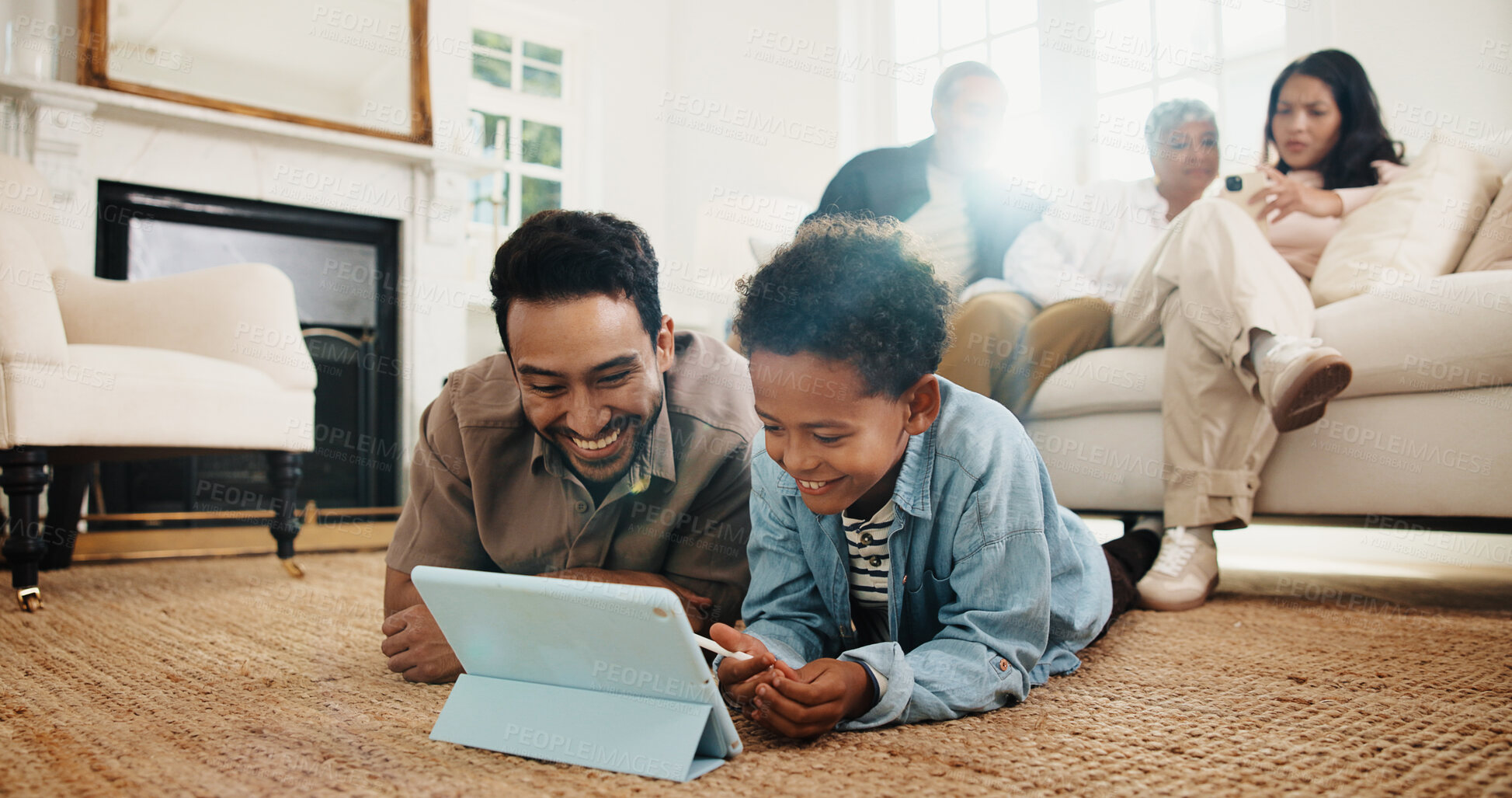 Buy stock photo Happy, tablet and dad with child on floor for bonding, connection and online cartoons on weekend. Family, relax and father with boy on tech for internet, streaming and videos for relationship in home