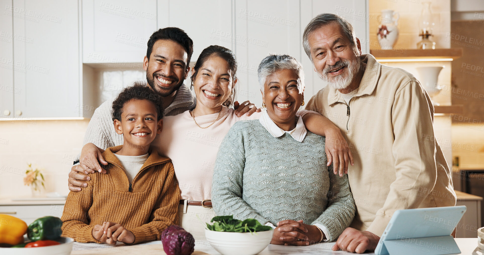 Buy stock photo Portrait, family and cooking at house with smile, meal prep and vegetables for healthy food. Parents, grandparents or child in kitchen with tablet, vegan ingredients and generations for lunch salad
