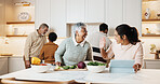 Women, cooking and big family in kitchen for meal prep, supper and prepare food for bonding in home. Generations, happy people and tablet for online recipe, conversation and connection for holiday