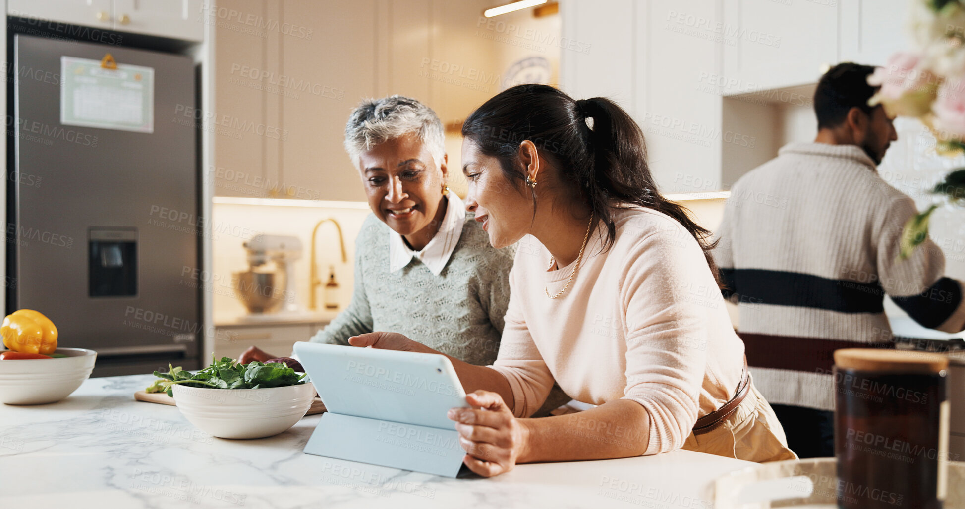 Buy stock photo Kitchen, tablet and woman with senior mother at house for preparing meal together on weekend. Cooking, digital technology and adult daughter with elderly mom for online recipe with nutrition dinner.