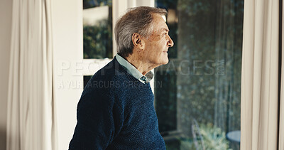 Buy stock photo Thinking, window and senior man in home with reflection, memory or retirement thoughts. Remember, peace and elderly person in house with nostalgia, view and decision on pension in living room