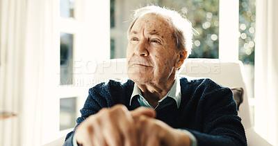 Buy stock photo Thinking, relax and senior man in home with reflection, memory or pensive of retirement plan. Remember, nostalgia and elderly person in living room for choice or decision on pension in apartment