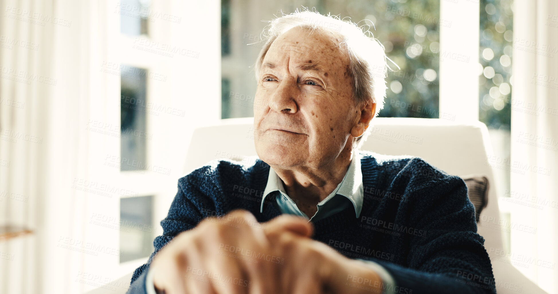 Buy stock photo Thinking, relax and senior man in home with reflection, memory or pensive of retirement plan. Remember, nostalgia and elderly person in living room for choice or decision on pension in apartment