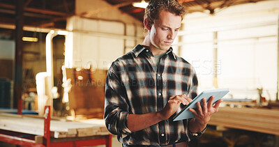 Buy stock photo Man, carpenter or inventory with tablet in warehouse for wood production or quality assurance. Male person, carpentry or checking stock with technology for timber distribution or lumber supply chain