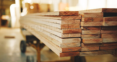 Buy stock photo Carpentry, timber or slab in factory for woodworking, wood panel or material in building project. Industrial, stack or lumber for furniture production, plywood or supply in manufacturing workshop.