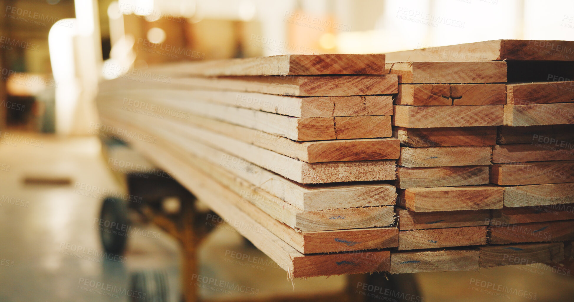 Buy stock photo Carpentry, timber or slab in factory for woodworking, wood panel or material in building project. Industrial, stack or lumber for furniture production, plywood or supply in manufacturing workshop.