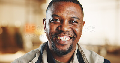 Buy stock photo Carpentry, happy and black man in factory with portrait, handyman and about us in woodworking. Space, pride and artisan with confidence, production career and ambition in manufacturing industry.