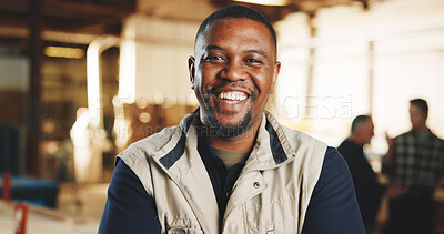 Buy stock photo Portrait, carpenter and man in factory with smile, timber manufacturing and pride for craftsmanship. Happy, person and artisan in workshop with creativity, woodwork skills and about us for carpentry.
