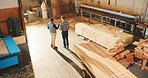 Above, carpentry and meeting with men in factory together for discussion, planning or strategy. Back, conversation and teamwork with employee people in woodworking warehouse for inventory or storage