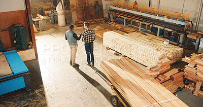 Buy stock photo Above, carpentry and meeting with men in factory together for discussion, planning or strategy. Back, conversation and teamwork with employee people in woodworking warehouse for inventory or storage
