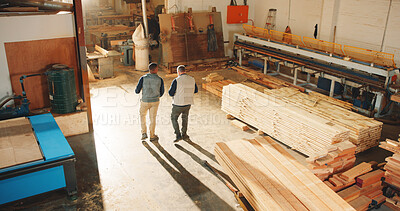 Buy stock photo Back, carpentry and meeting with men in factory together for discussion, planning or strategy. Above, conversation and teamwork with employee people in woodworking warehouse for inventory or storage