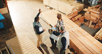 Buy stock photo Carpentry, meeting and pointing with men in factory together for discussion, planning or strategy. Above, conversation and teamwork with employee people in woodworking plant for inventory or storage