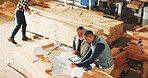 Carpentry, meeting and tablet screen with men in factory together for discussion or strategy. Above, blueprint and conversation with employee people in woodworking warehouse for inventory or storage