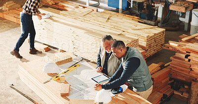 Buy stock photo Carpentry, meeting and tablet screen with men in factory together for discussion or strategy. Above, blueprint and conversation with employee people in woodworking warehouse for inventory or storage