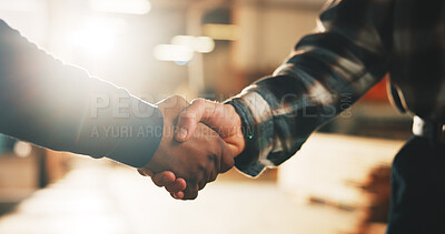 Buy stock photo Carpenter, people and handshake in warehouse for wood production partnership, b2b or deal together. Employees, colleagues or shaking hands with lens flare in carpentry workshop for business agreement