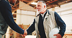Mature, carpenter and handshake with man in warehouse for wood production partnership, b2b or deal. Male person, employees or colleagues shaking hands with agreement for project in carpentry workshop