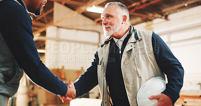 Buy stock photo Mature, carpenter and handshake with man in warehouse for wood production partnership, b2b or deal. Male person, employees or colleagues shaking hands with agreement for project in carpentry workshop