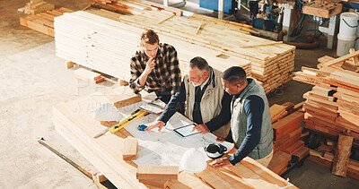 Buy stock photo Blueprint, carpentry and meeting with men in factory together for discussion, planning or strategy. Above, conversation and tablet screen with employee team in woodwork plant for inventory or storage