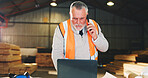Carpentry, laptop and phone call with man in warehouse for feedback, online report or review. Computer, communication and order schedule with mature engineer in woodworking plant for stock management