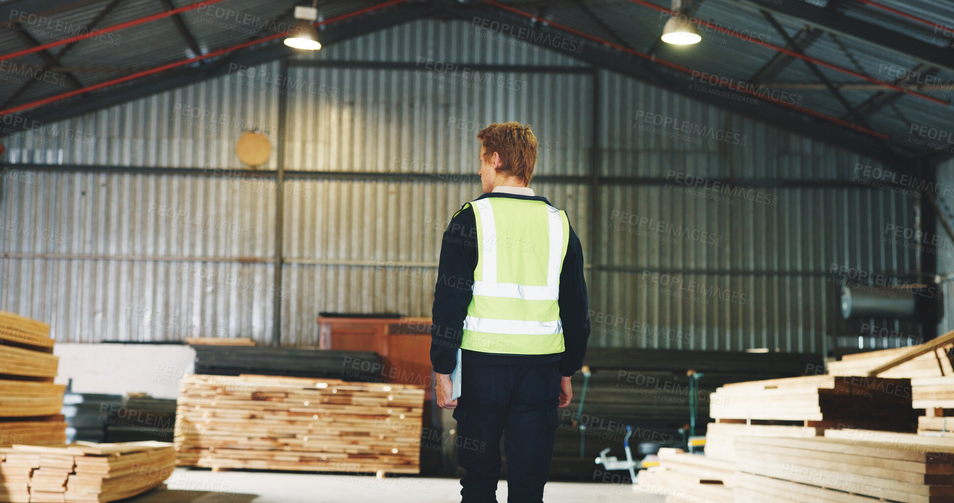 Buy stock photo Carpentry, back or man in factory with inspection, safety regulation or stock control in workshop. Industrial, review or carpenter with evaluation, site compliance or monitoring in supply management.