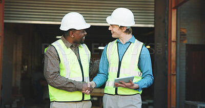 Buy stock photo Happy men, handshake and architect with tablet on construction site, meeting and renovation project. Civil engineering, collaboration and people with technology, shaking hands or agreement for design