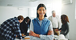 Arms crossed, portrait and smile of business woman in meeting for architecture or construction. About us, confident and property development with happy engineer in office for project management