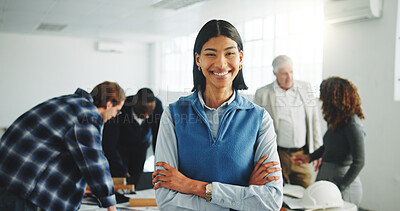 Buy stock photo Arms crossed, portrait and smile of business woman in meeting for architecture or construction. About us, confident and property development with happy engineer in office for project management