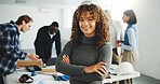 Arms crossed, real estate and smile of business woman in meeting for architecture or design. About us, construction ad property development with happy engineer in office for project management