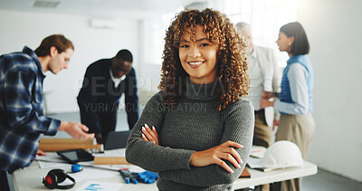Buy stock photo Arms crossed, real estate and smile of business woman in meeting for architecture or design. About us, construction ad property development with happy engineer in office for project management