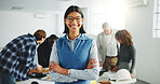 Arms crossed, portrait and smile of architect woman in meeting for construction or engineering. About us, glasses and property development with happy professional in office for project management