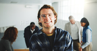 Buy stock photo Architecture, portrait and smile of business man in meeting for building, construction or design. About us, confident and real estate with happy developer in office for pride or project management