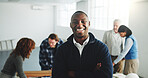 About us, laughing and portrait of business man in office for architecture or construction. Confident, funny and property development with happy engineer in workplace for project management meeting