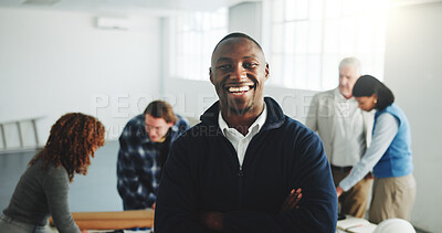 Buy stock photo About us, laughing and portrait of business man in office for architecture or construction. Confident, funny and property development with happy engineer in workplace for project management meeting