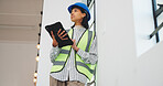 Architect, woman and thinking in office with tablet, research and vision for property development. Low angle, person and reflection in workplace with tech, planning or brainstorming for architecture.