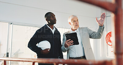 Buy stock photo Architect, tablet and meeting at site with construction manager, discussion or renovation evaluation. People, talk and inspection in building with tech, architecture recommendation and partnership.
