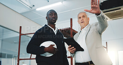 Buy stock photo Architect, tablet and discussion at site with construction manager, meeting or renovation evaluation. People, talk or building inspection with tech, architecture recommendation or team from low angle