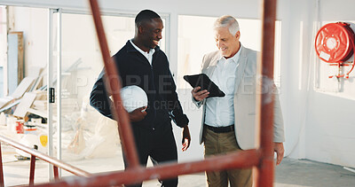 Buy stock photo Happy, architect and team on construction site with tablet, partnership and satisfaction for project. Manager, people and smile in building with tech, online checklist and good news for renovation.