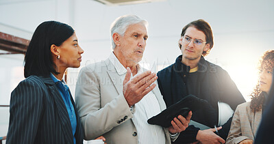 Buy stock photo Architect, manager and meeting on site with tablet, discussion and instructions for building project. Flare, people and talk with tech for remodeling construction, architecture and collaboration.