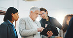 Architecture, review and team on site with tablet, building plan or check timeline for renovation. Architect, people and tech in meeting with project manager, design evaluation or construction update