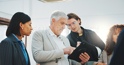 Buy stock photo Architecture, review and team on site with tablet, building plan or check timeline for renovation. Architect, people and tech in meeting with project manager, design evaluation or construction update